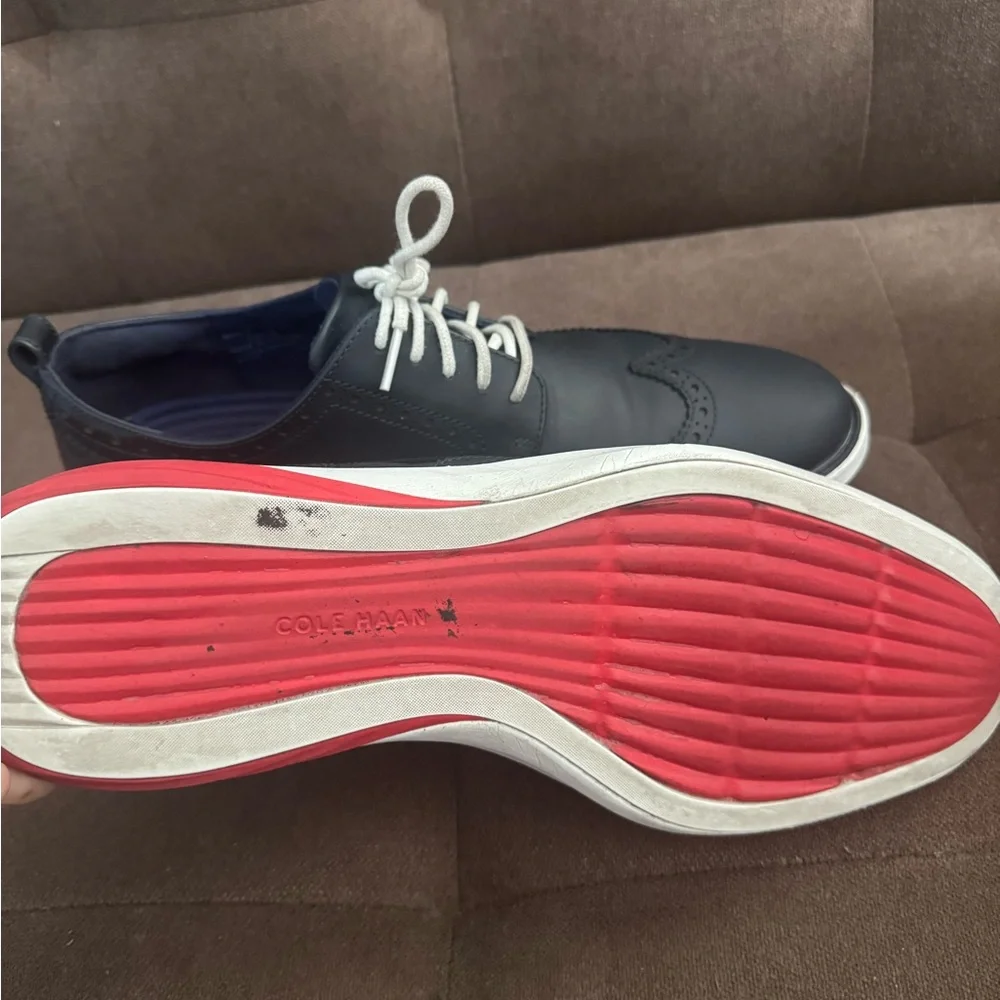 Cole Haan Navy Leather Wingtip Oxfords with White Laces